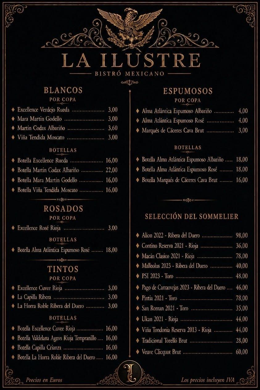 Carta de vinos de La Ilustre